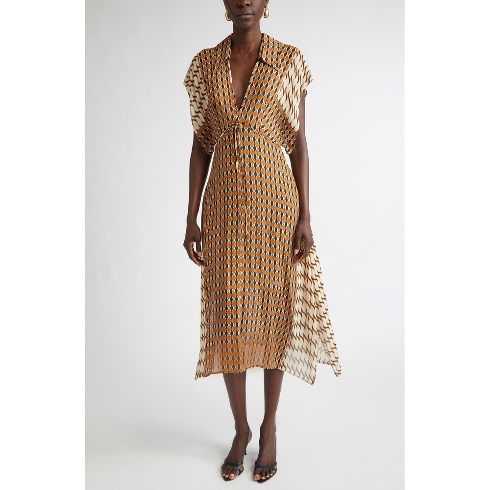 St. John NWT Whitney Mosaic Ecru Cinnamon Multi Geometric Print Midi Dress 12 - Picture 9 of 9